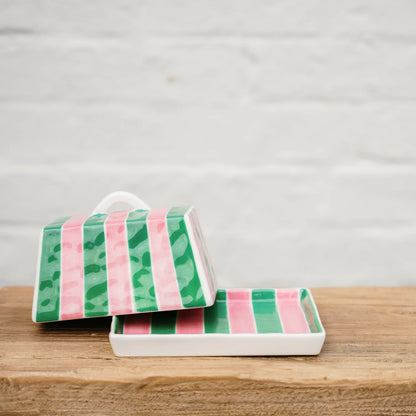 Noss & Co Large Butter Dish, Pink & Green Stripe