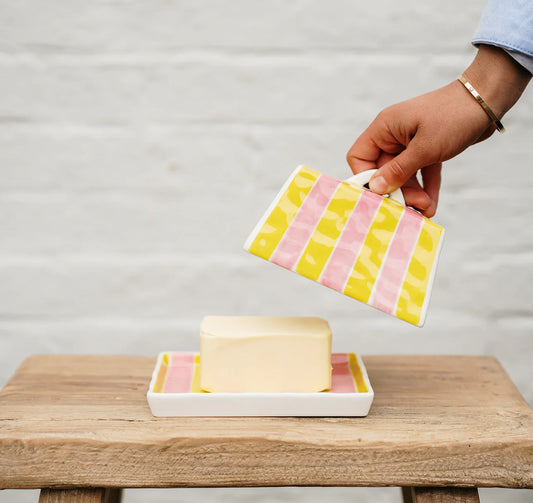 Noss & Co Large Butter Dish, Pink & Yellow Stripe