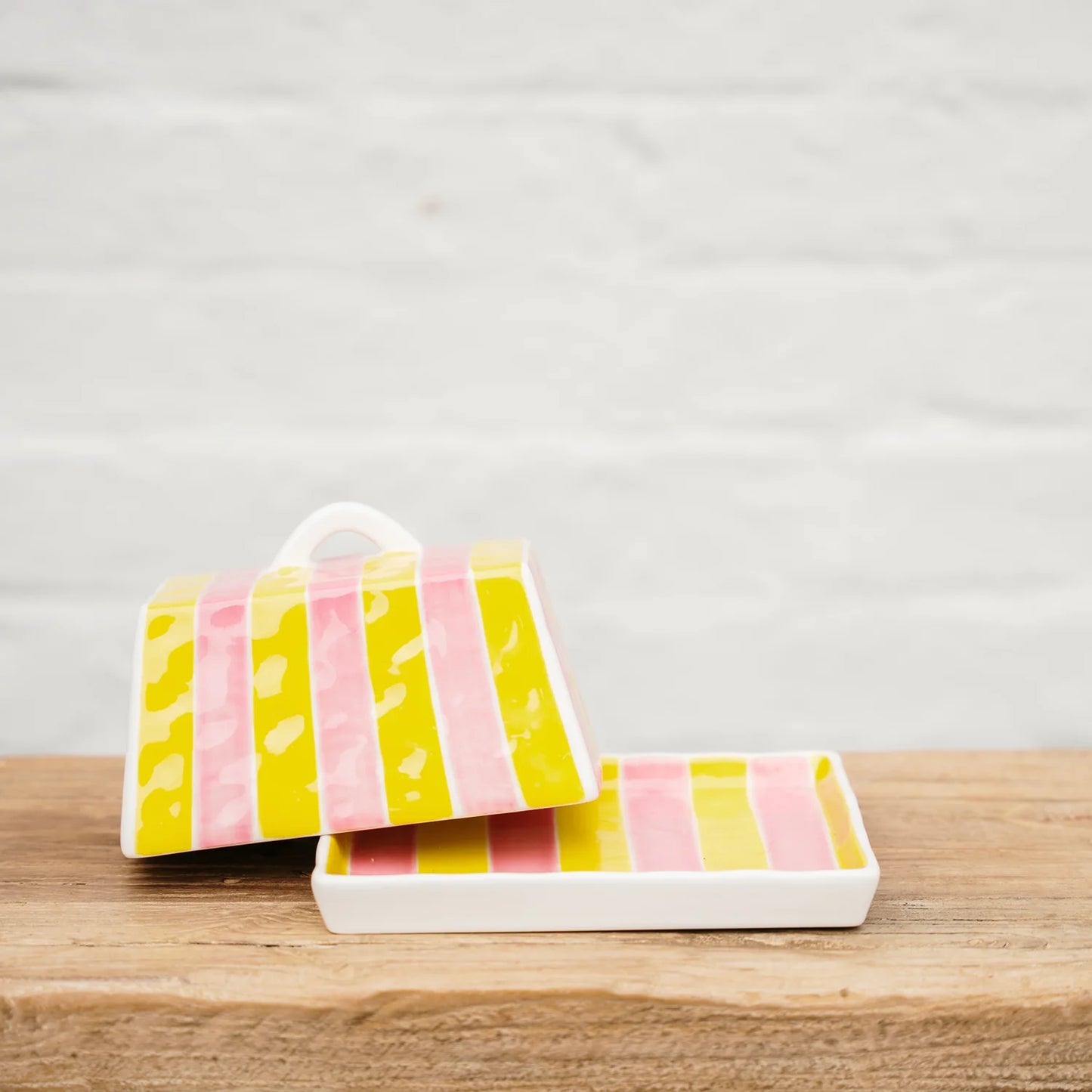 Noss & Co Large Butter Dish, Pink & Yellow Stripe