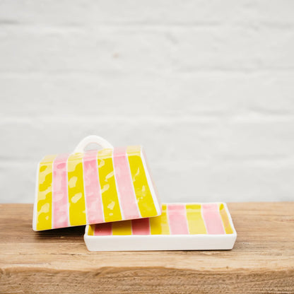 Noss & Co Large Butter Dish, Pink & Yellow Stripe