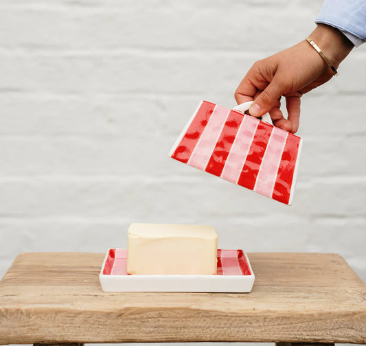 Noss & Co Large Butter Dish, Red & Pink Stripe