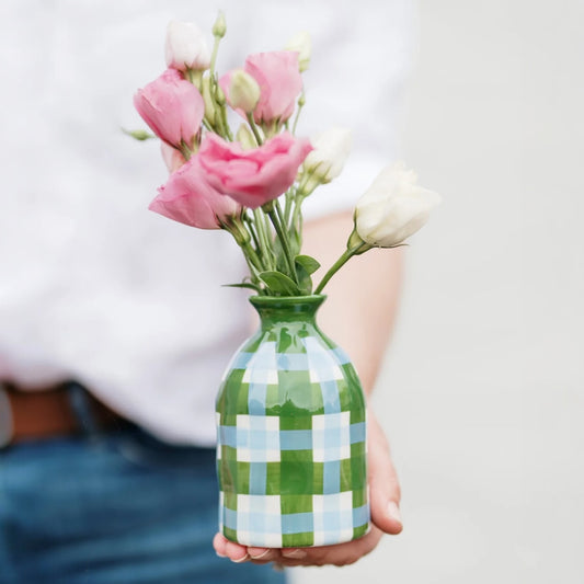 Noss & Co Bud Vase, Emerald & Cornflower Gingham