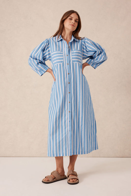 Ceres Life Midi Shirt Dress, Blue White Red Stripe