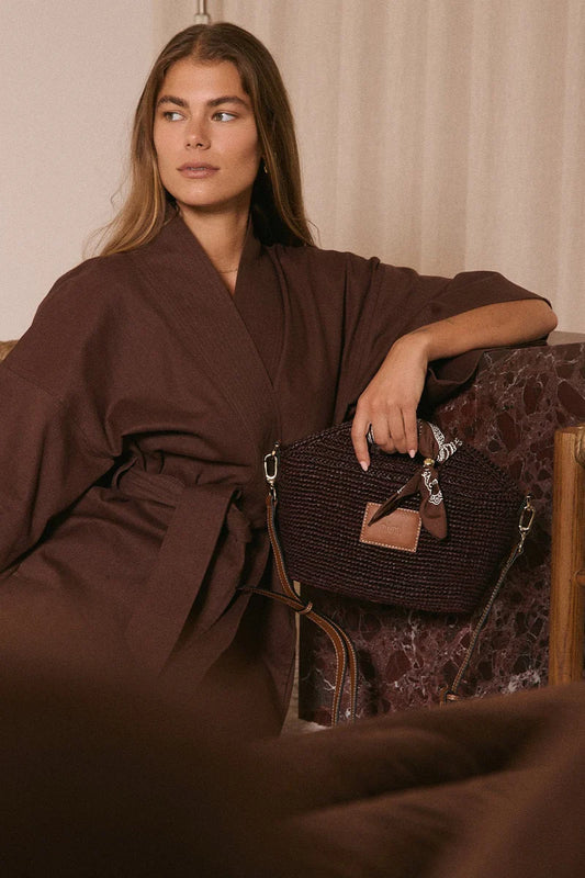 Nim The Label Leather Trimmed Raffia Mini, Cocoa