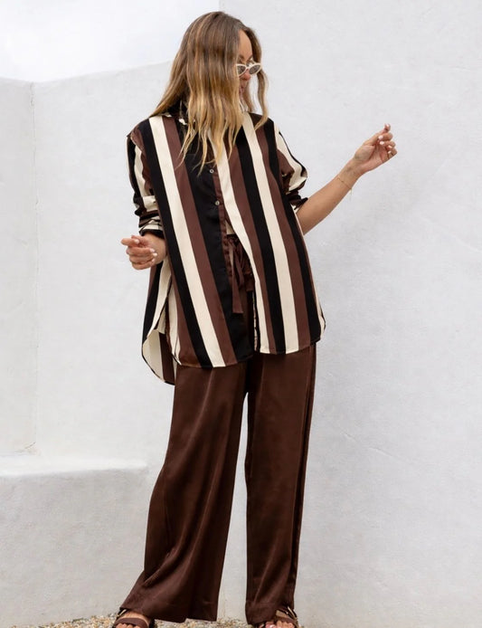 Jatea The Label Portofino Stripe Shirt, Black Brown & Cream Stripe