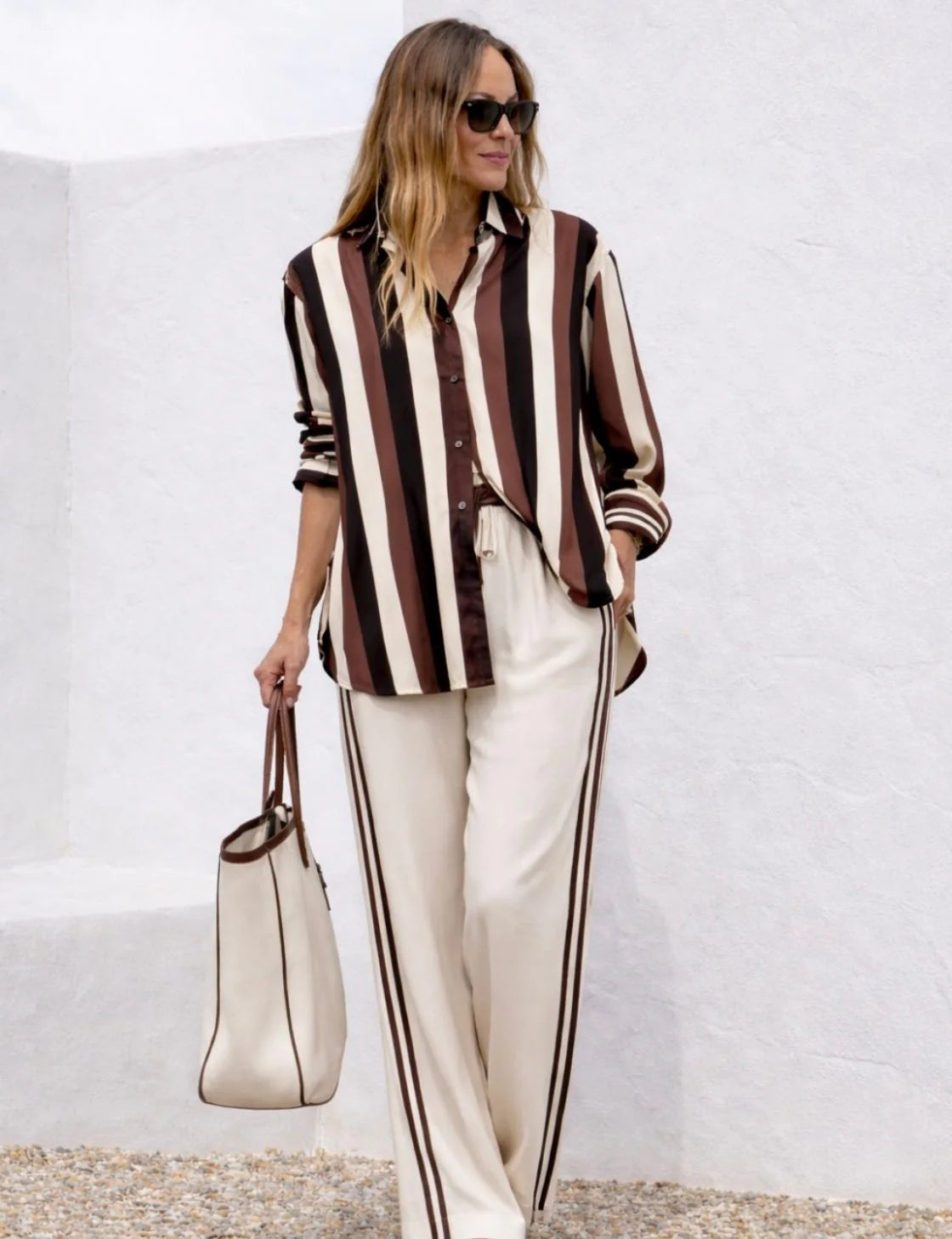 Jatea The Label Portofino Stripe Shirt, Black Brown & Cream Stripe