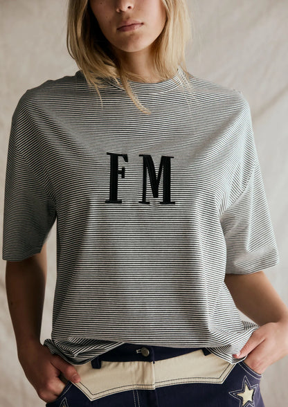 FAR MER. by Whitney Oversize Stripe Tshirt, Charcoal with White