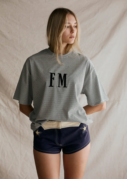 FAR MER. by Whitney Oversize Stripe Tshirt, Charcoal with White