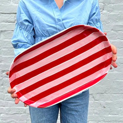 Noss & Co Oval Stripe Platter, Pink & Red