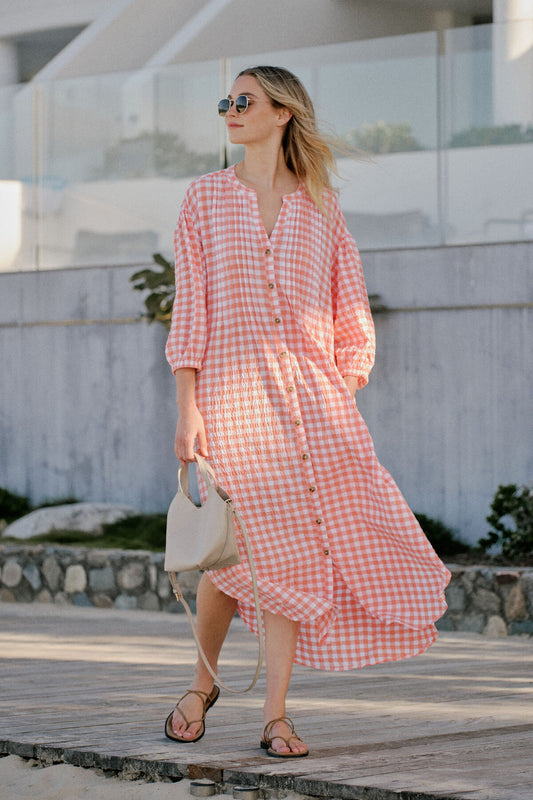 Ceres Life Crinkle Midi Dress, Coral White Gingham