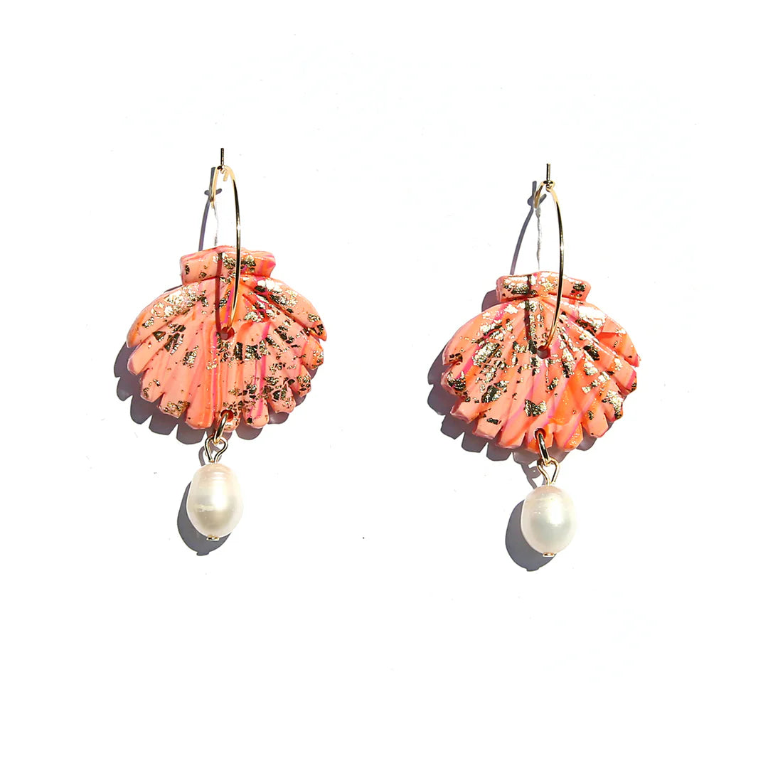 Kingston Shell Hoop Earrings, Coral