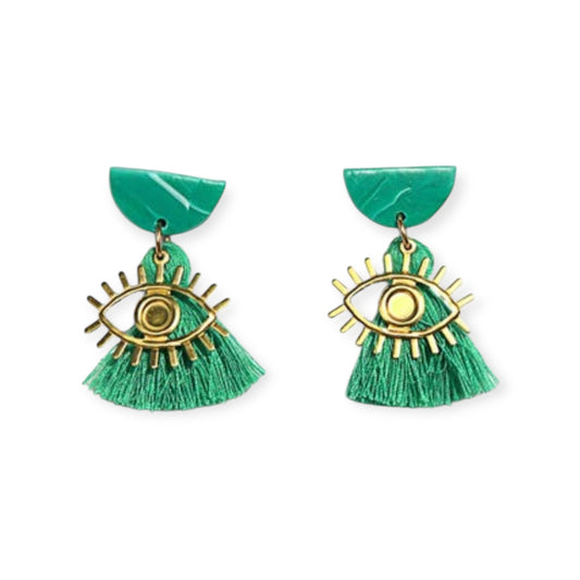 Kingston Design Earrings, Emerald Eye Tassels