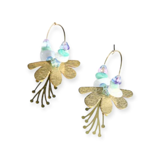 Kingston Design Earrings, Blue Flower Brass Hoops