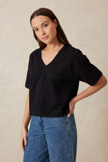 Ceres Life Boxy V Neck Tee, Black