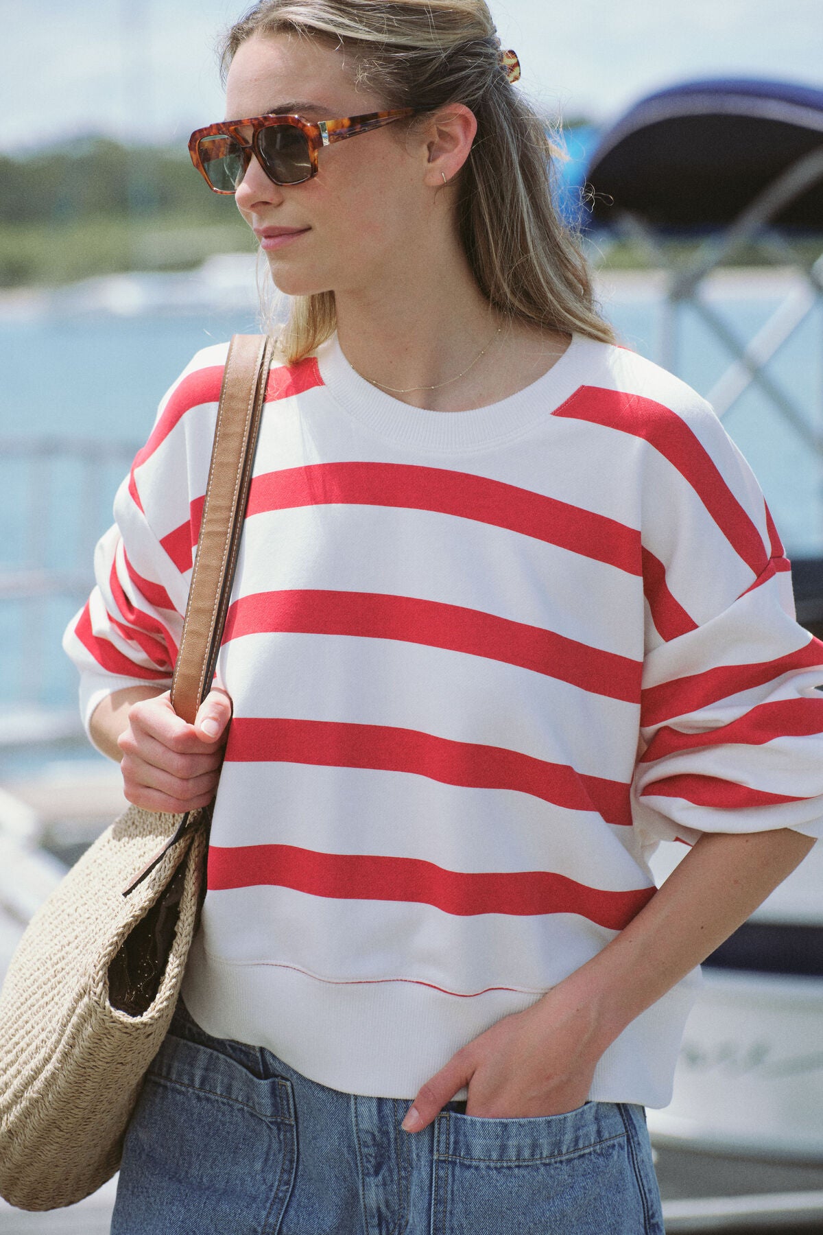 Ceres Life Cropped Slouchy Crew, Warm White Red Stripe