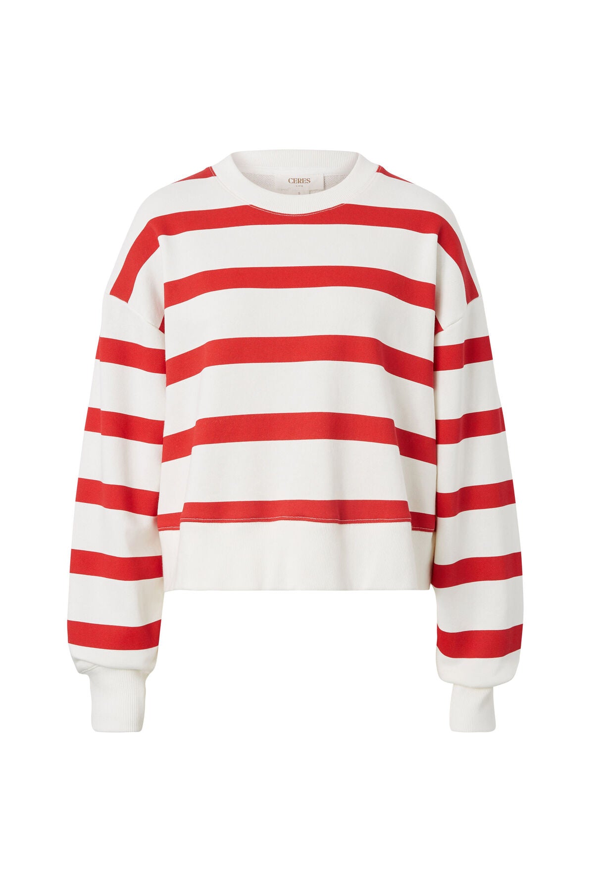 Ceres Life Cropped Slouchy Crew, Warm White Red Stripe