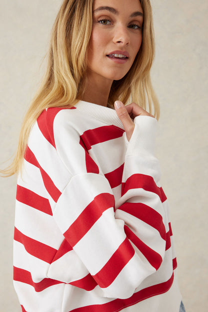 Ceres Life Cropped Slouchy Crew, Warm White Red Stripe