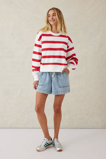 Ceres Life Cropped Slouchy Crew, Warm White Red Stripe