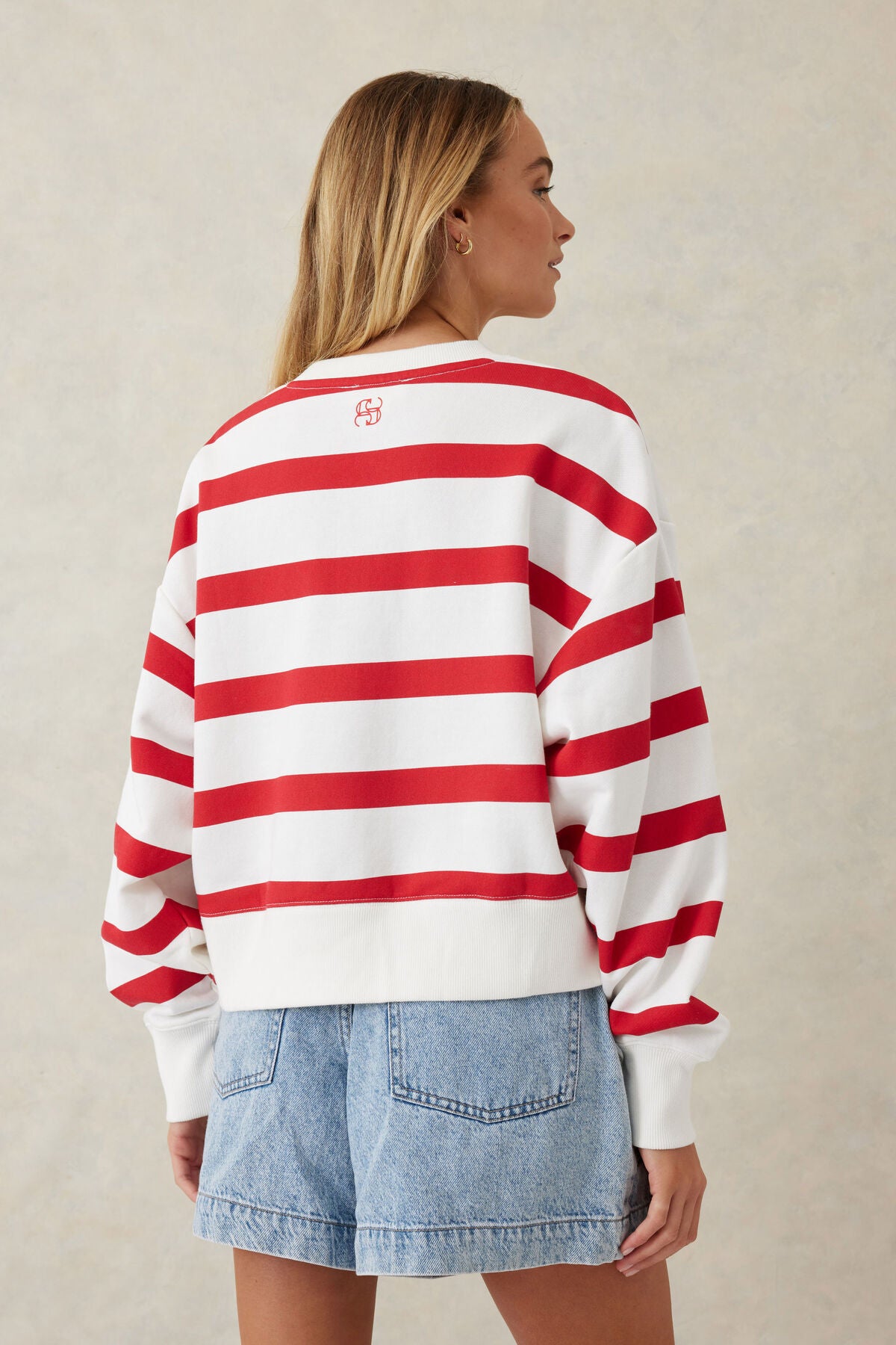 Ceres Life Cropped Slouchy Crew, Warm White Red Stripe